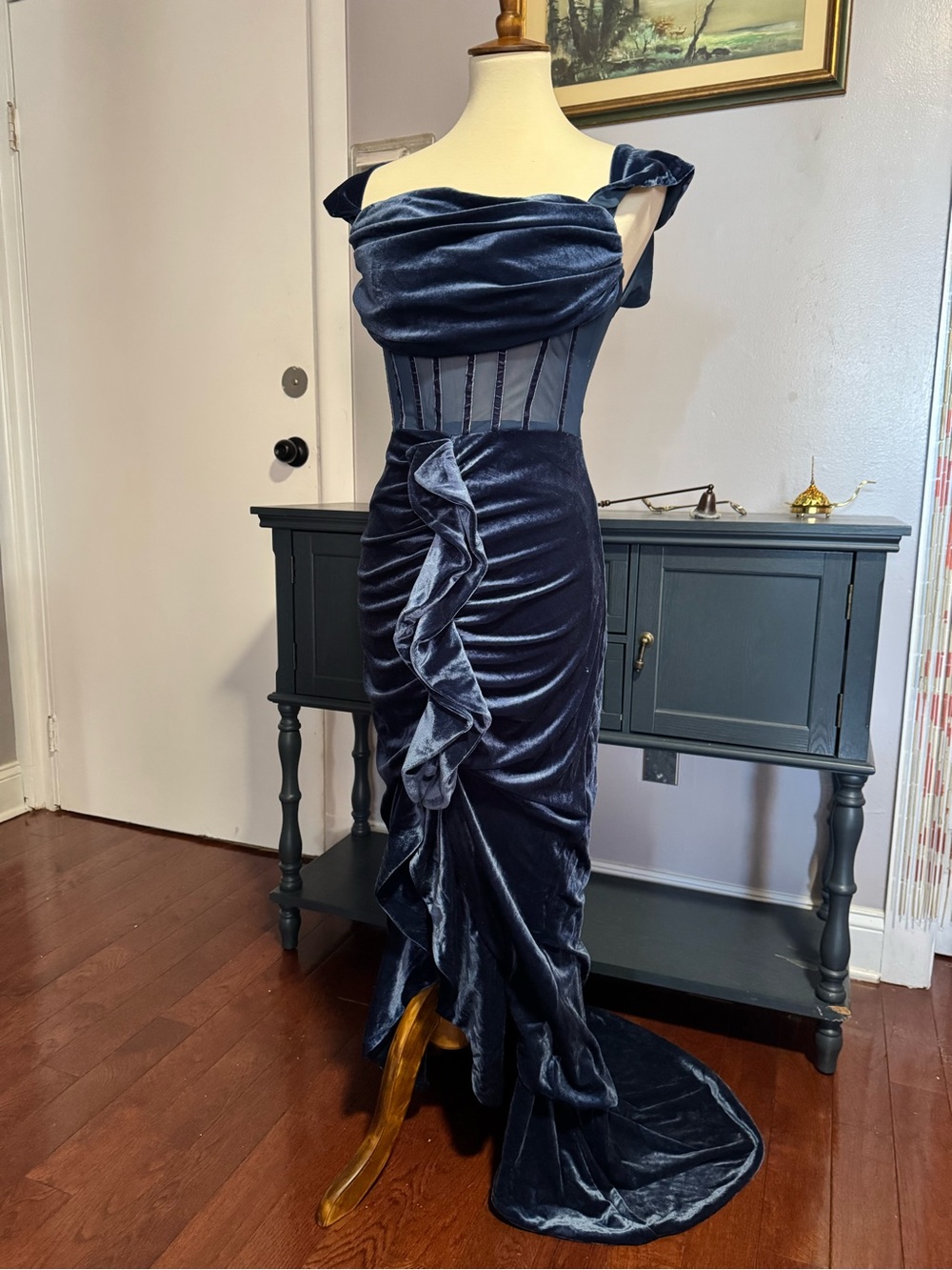 Navy Velvet Off-Shoulder Draped Corset Prom Dress